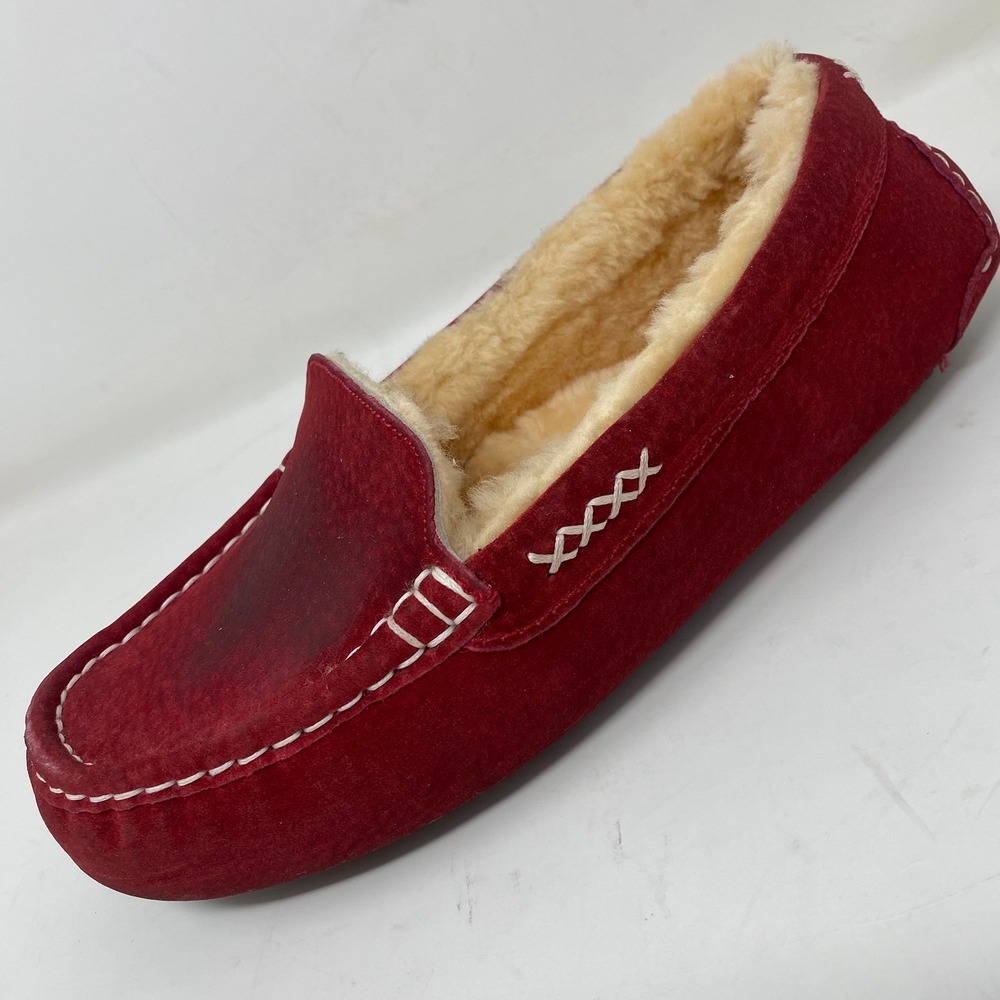 Red Wing Women 9 Moccasin Slippers Red Suede Sheepskin Wool Whipstitch - READ!